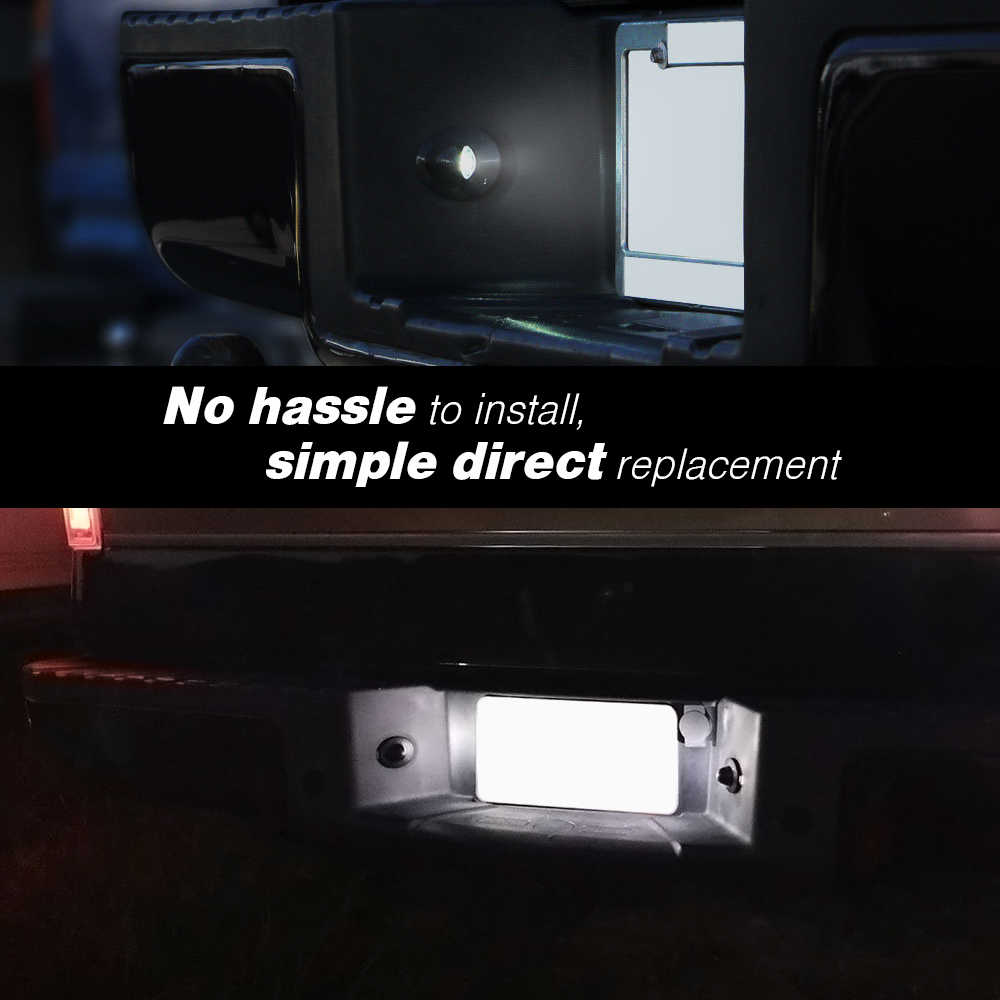 A split-screen comparison showing a vehicle license plate light in use, with a dark installed view on top and a brighter illuminated view on the bottom, overlaid with the text 'No hassle to install, simple direct replacement'.