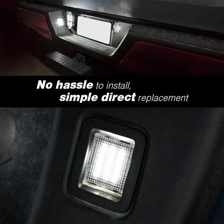 A close-up of a car interior light fixture installed in a dark panel, with a black banner across the middle reading 'No hassle to install, simple direct replacement.