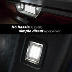 A close-up of a car interior light fixture installed in a dark panel, with a black banner across the middle reading 'No hassle to install, simple direct replacement.