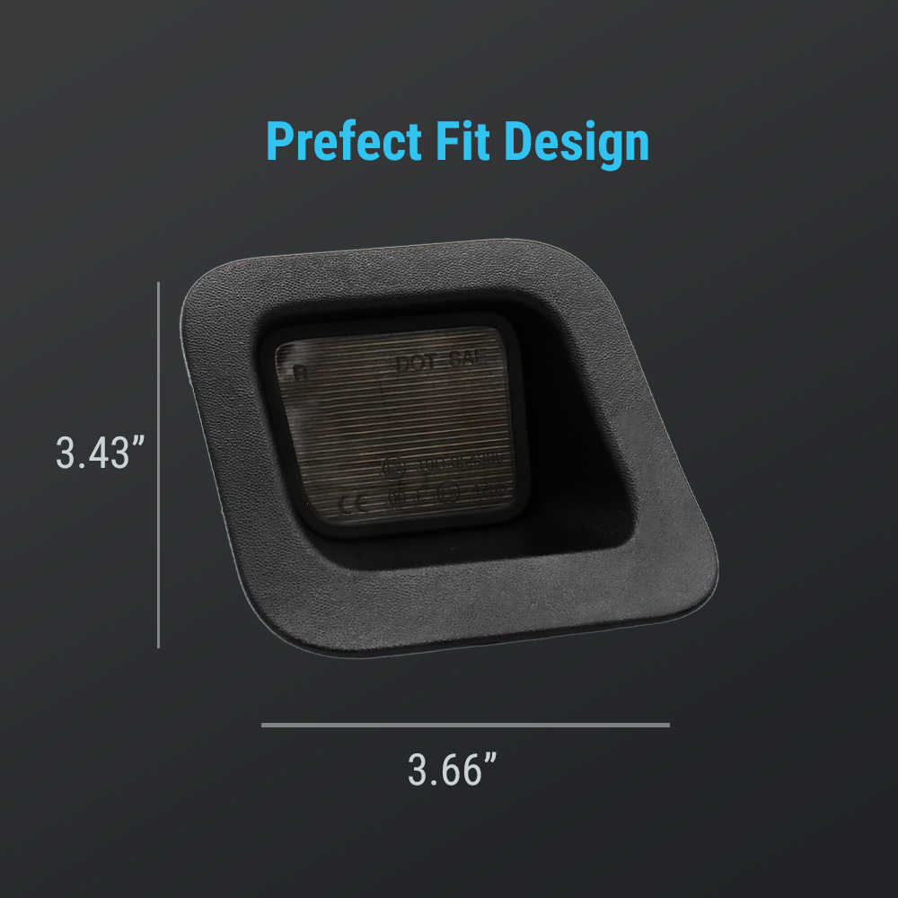 A dark gray rectangular automotive accessory with rounded corners and a recessed center, shown on a dark gray background with blue text reading 'Prefect Fit Design' and dimension labels 3.43" and 3.66".