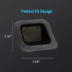 A dark gray rectangular automotive accessory with rounded corners and a recessed center, shown on a dark gray background with blue text reading 'Prefect Fit Design' and dimension labels 3.43" and 3.66".