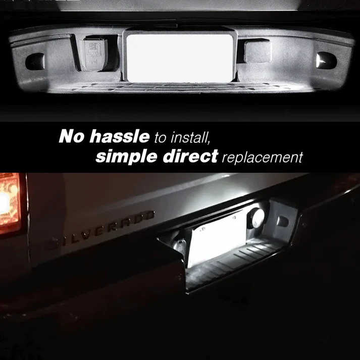 A close-up of a vehicle rear bumper area showing a license plate light or bumper light module installed in place of the license plate. Text across the center reads, 'No hassle to install, simple direct replacement.
