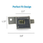 One license plate light shown on a white background with dimension lines and text reading 'Perfect Fit Design' and measurements 2.1" x 1.77" x 3.8".