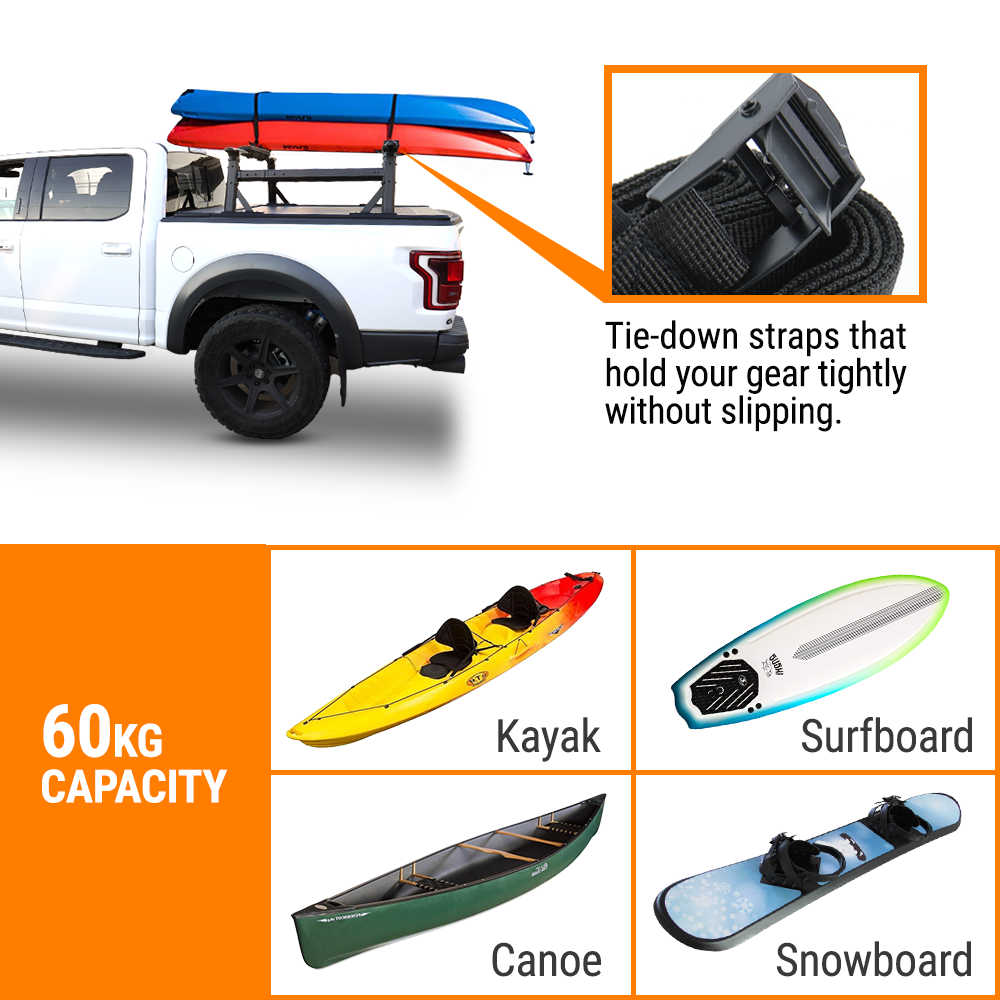 A product infographic showing a truck-mounted kayak rack system. The top section shows a white pickup truck with a blue and red kayak secured on the rack, plus an inset close-up of the black tie-down strap mechanism.