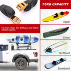 A product collage showing kayak, canoe, surfboard, and snowboard gear secured on a roof rack mounted to a white pickup truck. The image includes close-up views of black and orange tie-down straps with text reading '75KG CAPACITY' and 'Tie-down straps that hold your gear tightly without slipping.