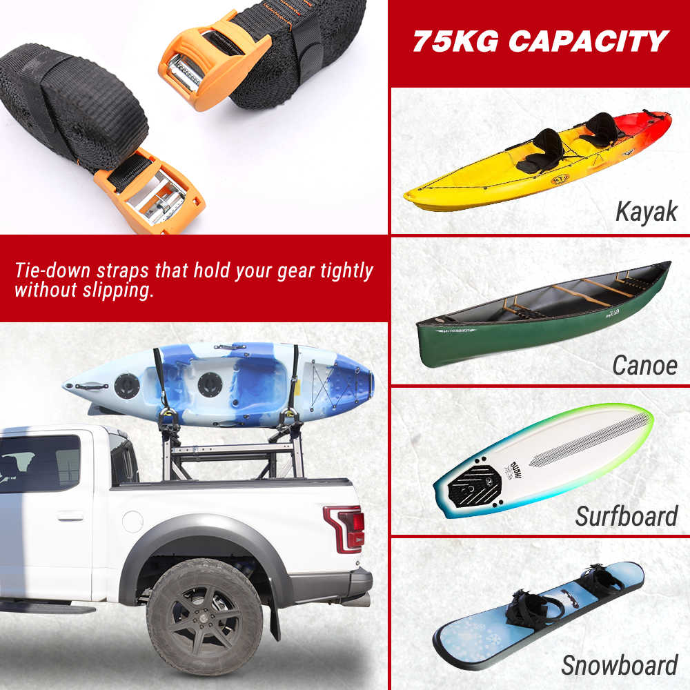 A product collage showing kayak, canoe, surfboard, and snowboard gear secured on a roof rack mounted to a white pickup truck. The image includes close-up views of black and orange tie-down straps with text reading '75KG CAPACITY' and 'Tie-down straps that hold your gear tightly without slipping.