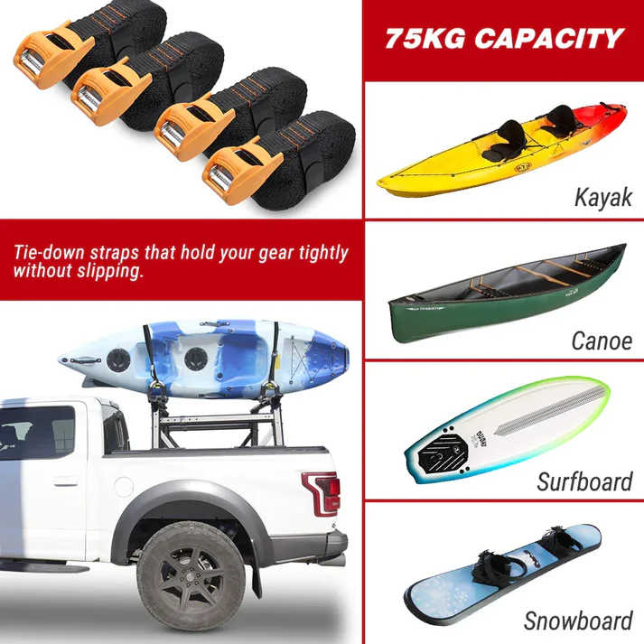 A product collage showing kayak, canoe, surfboard, and snowboard carry straps mounted on a white pickup truck bed. The straps are black with orange buckles and orange stitching.
