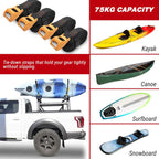 A product collage showing kayak, canoe, surfboard, and snowboard carry straps mounted on a white pickup truck bed. The straps are black with orange buckles and orange stitching.