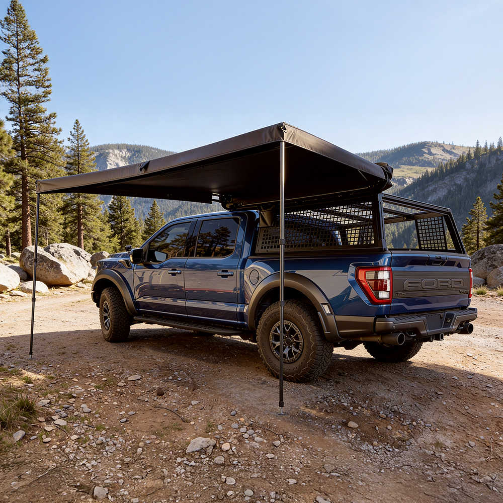 Ford truck with an extended canopy in a mountainous area