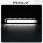 A long rectangular LED parking light bar shown illuminated on a dark background, with the text 'PARKING LIGHT' above it.