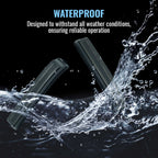 Two dark gray waterproof device covers shown floating in a splash of water against a black background, with text reading 'WATERPROOF' and a supporting slogan about withstanding weather conditions.