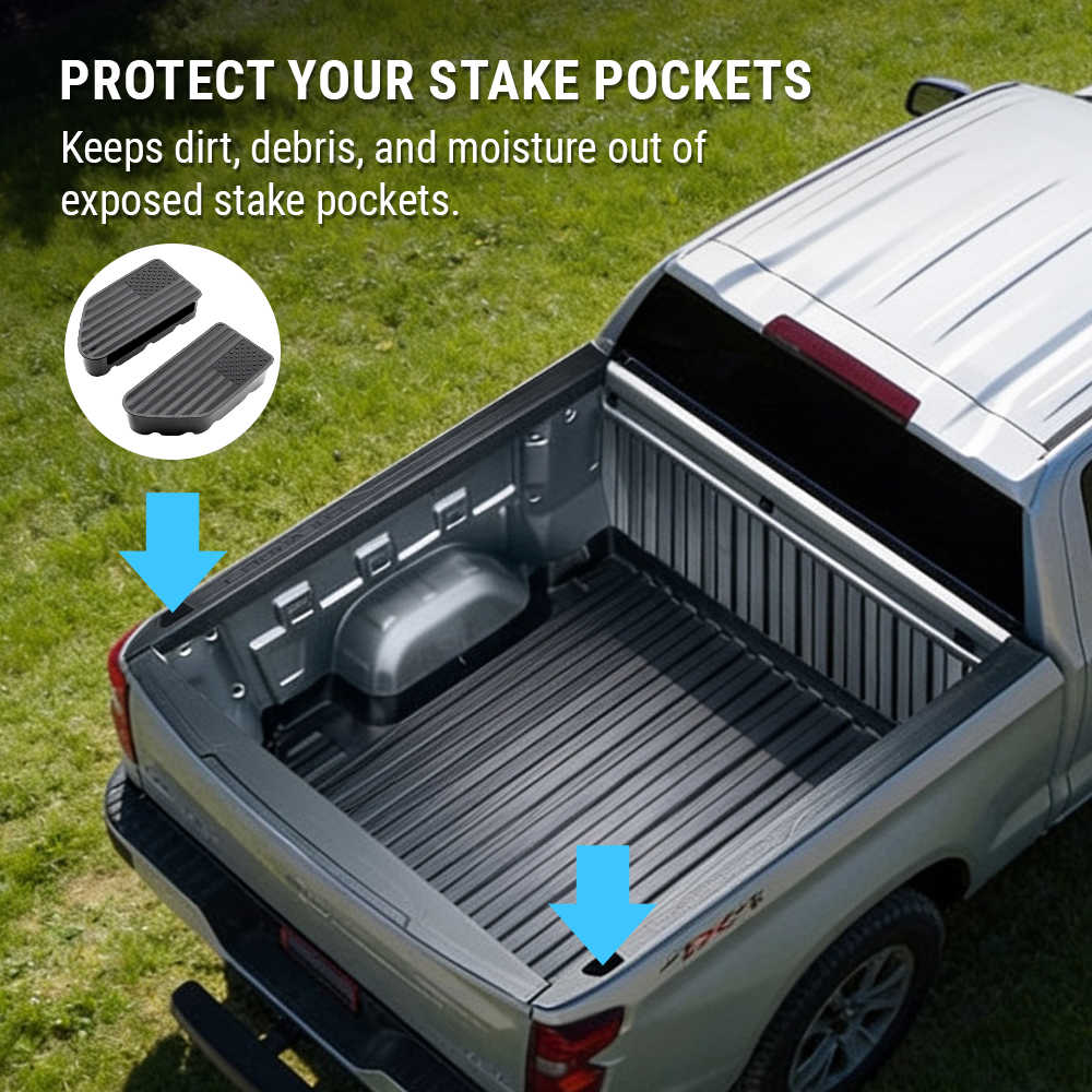 Silver pickup truck bed with installed dark gray stake pockets, shown outdoors on grass with marketing text and inset product circles explaining protection against dirt, debris, and moisture.