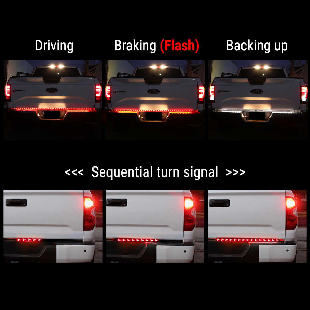 A product demonstration graphic showing a white pickup truck rear end at night with three panels labeled Driving, Braking (Flash), and Backing up, plus a lower panel labeled Sequential turn signal, illustrating the LED taillight bar's illumination patterns.