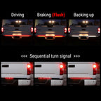 A product demonstration graphic showing a white pickup truck rear end at night with three panels labeled Driving, Braking (Flash), and Backing up, plus a lower panel labeled Sequential turn signal, illustrating the LED taillight bar's illumination patterns.