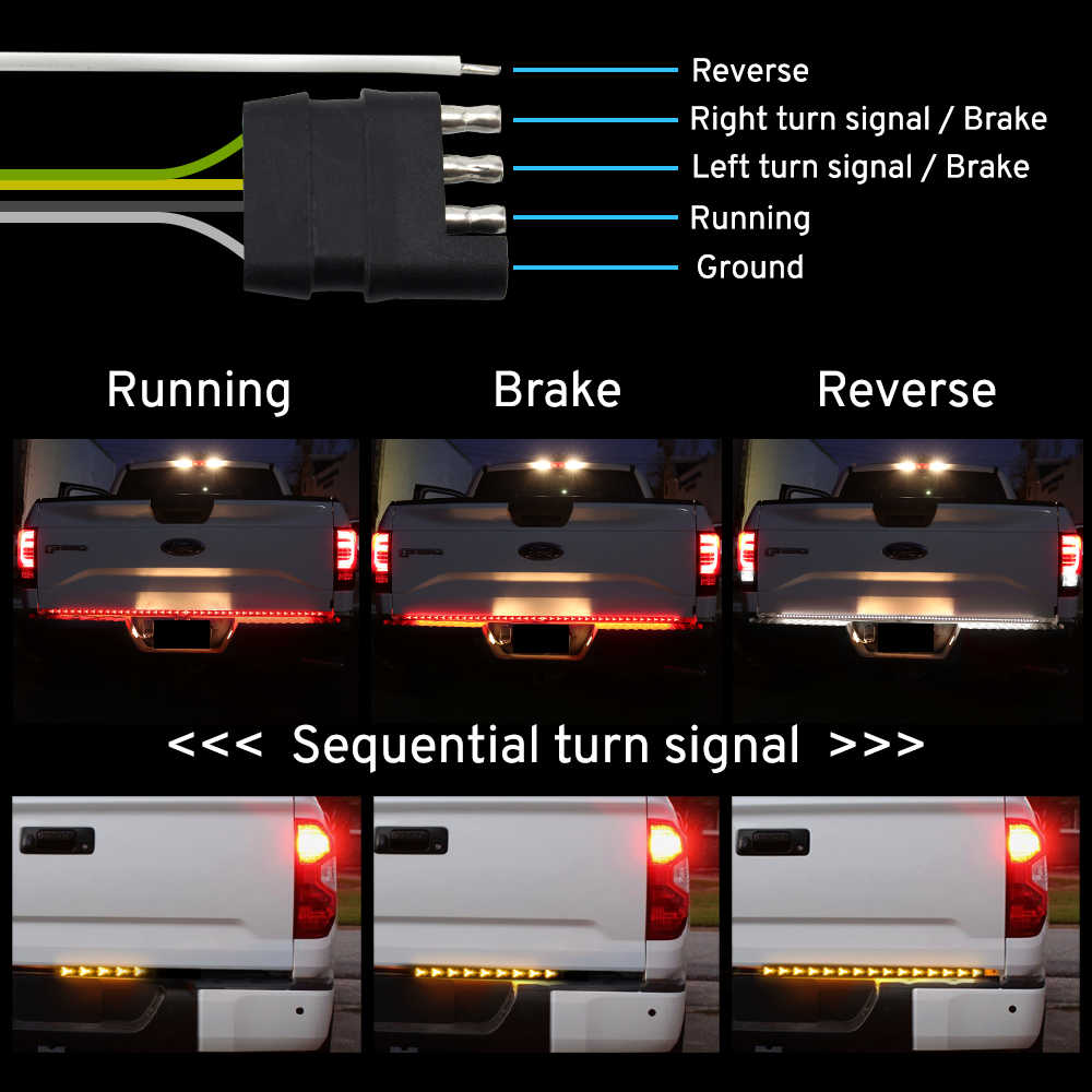 A product demonstration graphic showing a white truck rear with a horizontal LED light bar, labeled for Running, Brake, and Reverse functions. The top section shows the wiring harness and connector labels, and the bottom section shows three sequential turn signal states with white text reading 'Sequential turn signal'.
