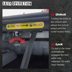 Lock mechanism with unlock and lock labels and instructions on a dark background