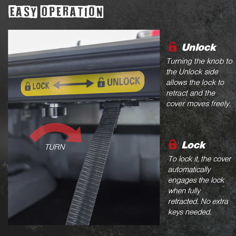 Lock mechanism with unlock and lock labels and instructions on a dark background