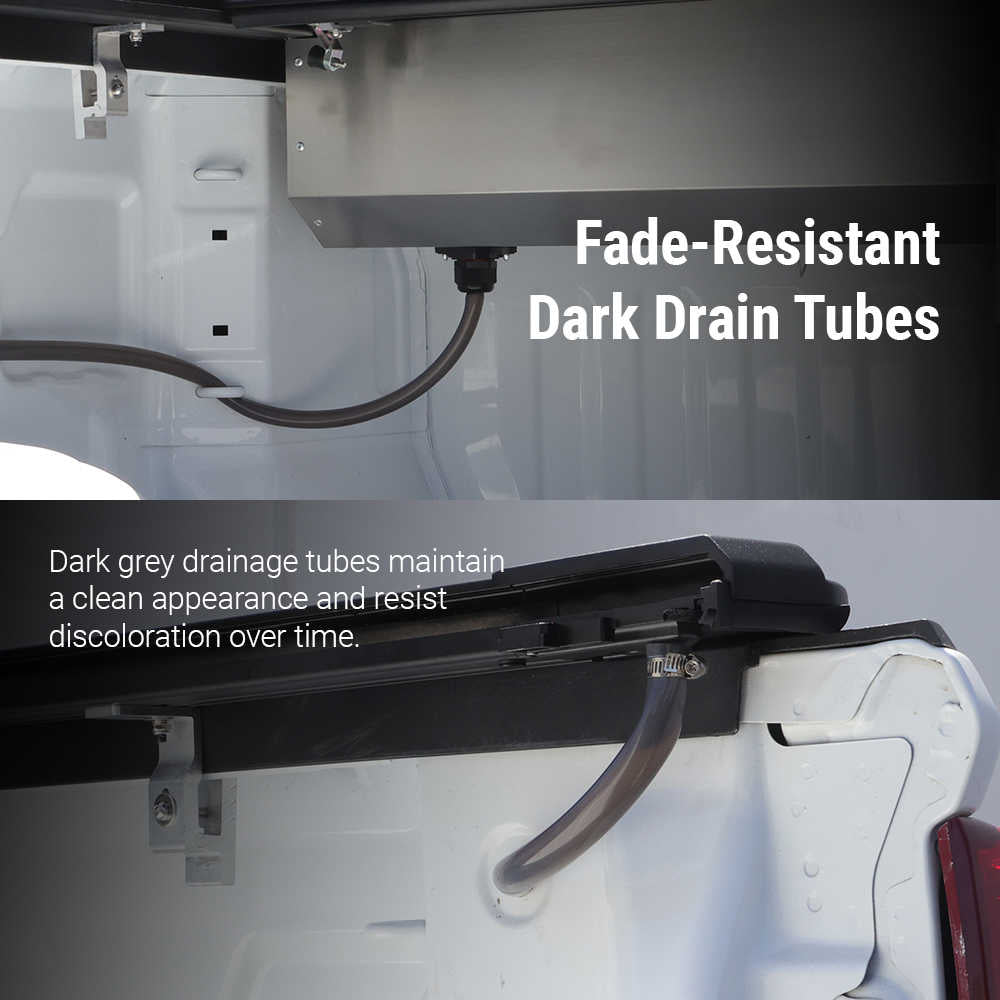 emb retractable tonneau cover canister design with fade resistant drain tubs design
