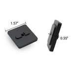 Two black plastic components with measurements on a white background