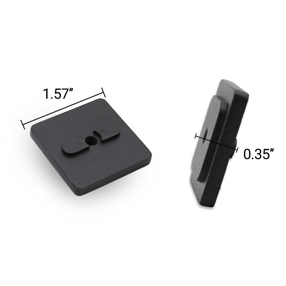 Two black plastic components with measurements on a white background