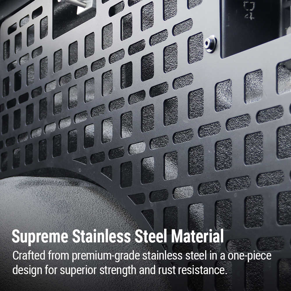 MOLLE panel with text about supreme stainless steel material