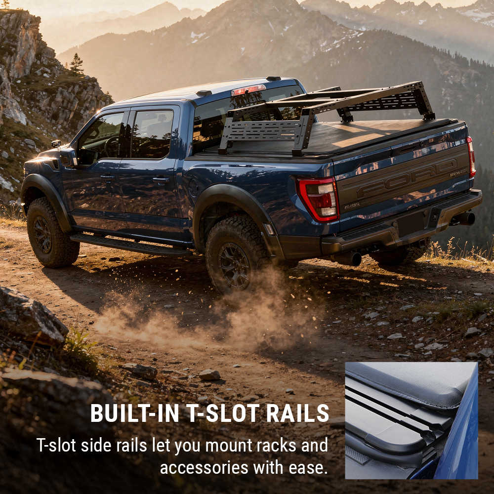 Blue truck with built-in T-slot rails on a mountain road