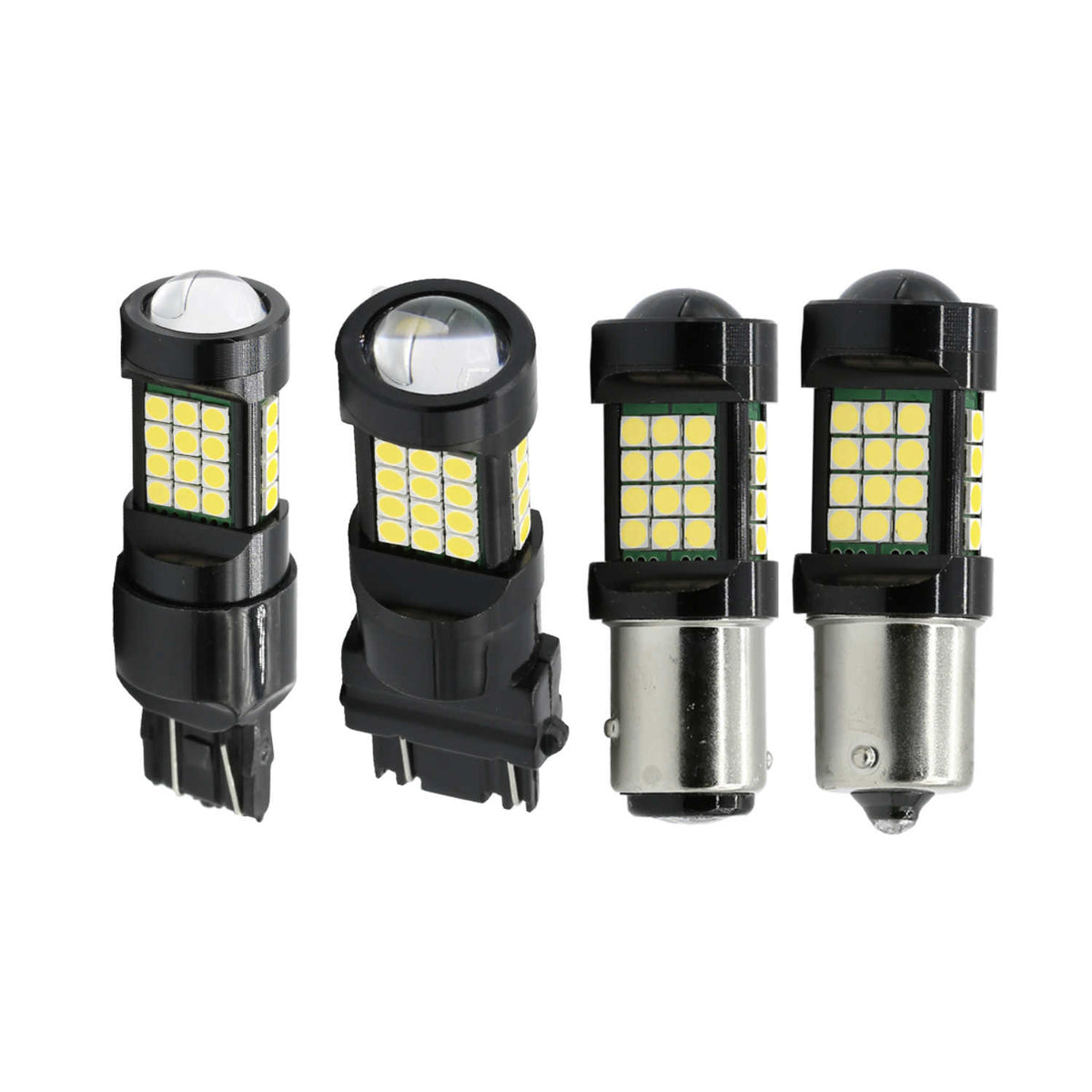 Four black LED car light bulbs with multiple yellow-white chips, shown from different angles on a plain white background.