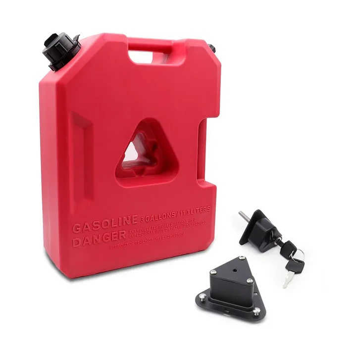 Red 3-gallon gasoline can with lockable cap and mounting bracket for truck or off-road use