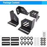 Set of black metal brackets and accessories on a white background