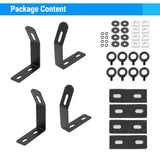 Package content with black metal brackets and fasteners on a white background