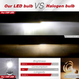 Comparison between CSP LED and Halogen bulb with brightness, consumption, and longevity data.