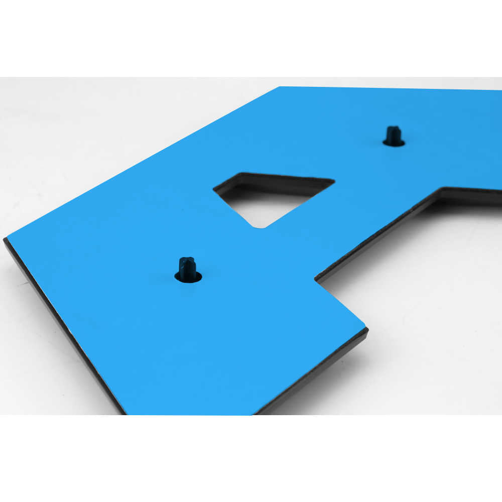 Blue truck bed tailgate letter with black mounting pins for Ford F-150 or Ram 1500 customization