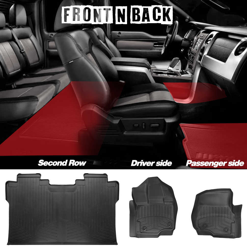 Black rubber car floor mats shown installed inside a vehicle interior, with a top section demonstrating front and back views across second row, driver side, and passenger side, and a bottom section showing the three mat pieces separately on a white background.