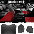 Black rubber car floor mats shown installed inside a vehicle interior, with a top section demonstrating front and back views across second row, driver side, and passenger side, and a bottom section showing the three mat pieces separately on a white background.