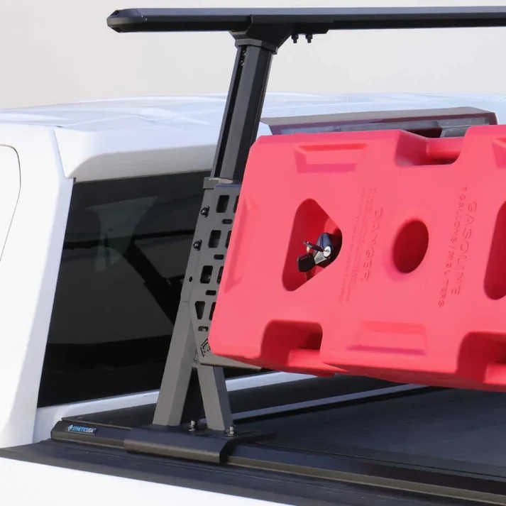 Red gasoline container mounted on truck bed rack for Ford F-150 or Ram 1500