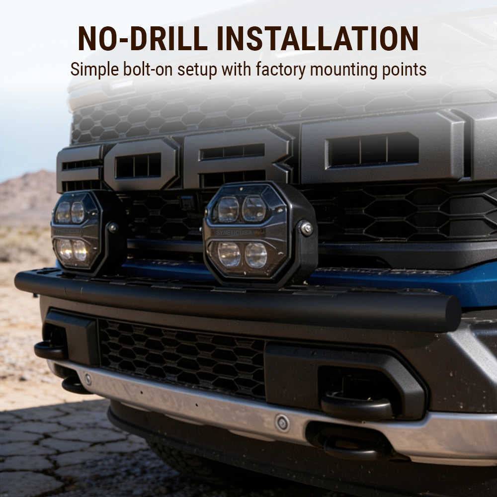 Front view of a truck with added lights and 'NO-DRILL INSTALLATION' text.