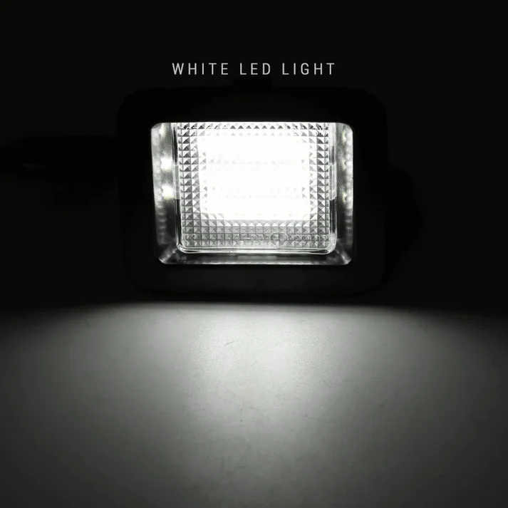 A square white LED light fixture shown glowing brightly against a dark background, with the text 'WHITE LED LIGHT' above it and the light beam projected below.