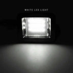 A square white LED light fixture shown glowing brightly against a dark background, with the text 'WHITE LED LIGHT' above it and the light beam projected below.