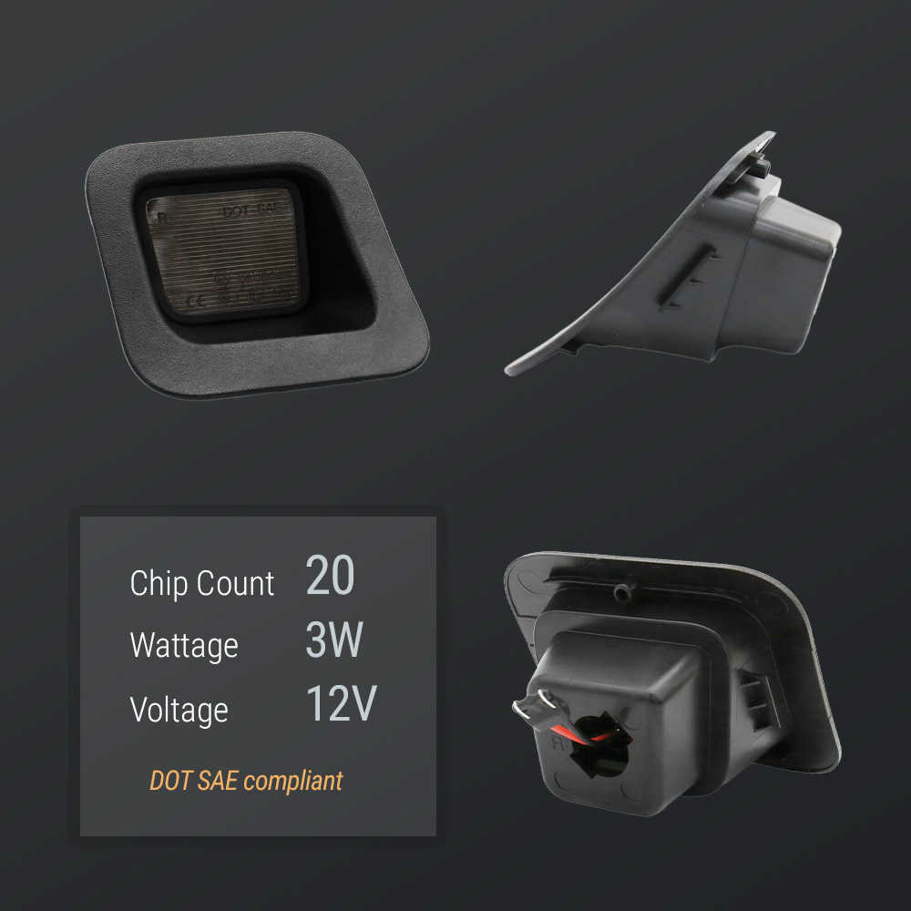 A dark gray automotive electronic component shown from multiple angles on a dark gray background, with a text box listing specifications: 20 chip count, 3W wattage, 12V voltage, and DOT SAE compliant.