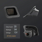A dark gray automotive electronic component shown from multiple angles on a dark gray background, with a text box listing specifications: 20 chip count, 3W wattage, 12V voltage, and DOT SAE compliant.