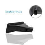 Black plastic connector plug component shown on a white background with blue text reading 'CONNECT PLUG' and a circular inset close-up of the plug opening.