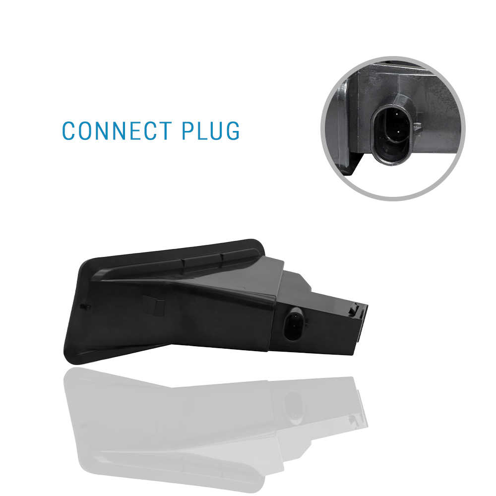 Black plastic connector plug component shown on a white background with blue text reading 'CONNECT PLUG' and a circular inset close-up of the plug opening.