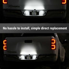 Two views of a vehicle's rear with illuminated brake lights and text indicating 'No hassle to install, simple direct replacement'.