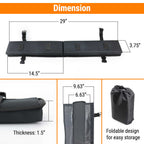 Dimension diagram of a black foldable backrest pad, showing measurements the soft pad.