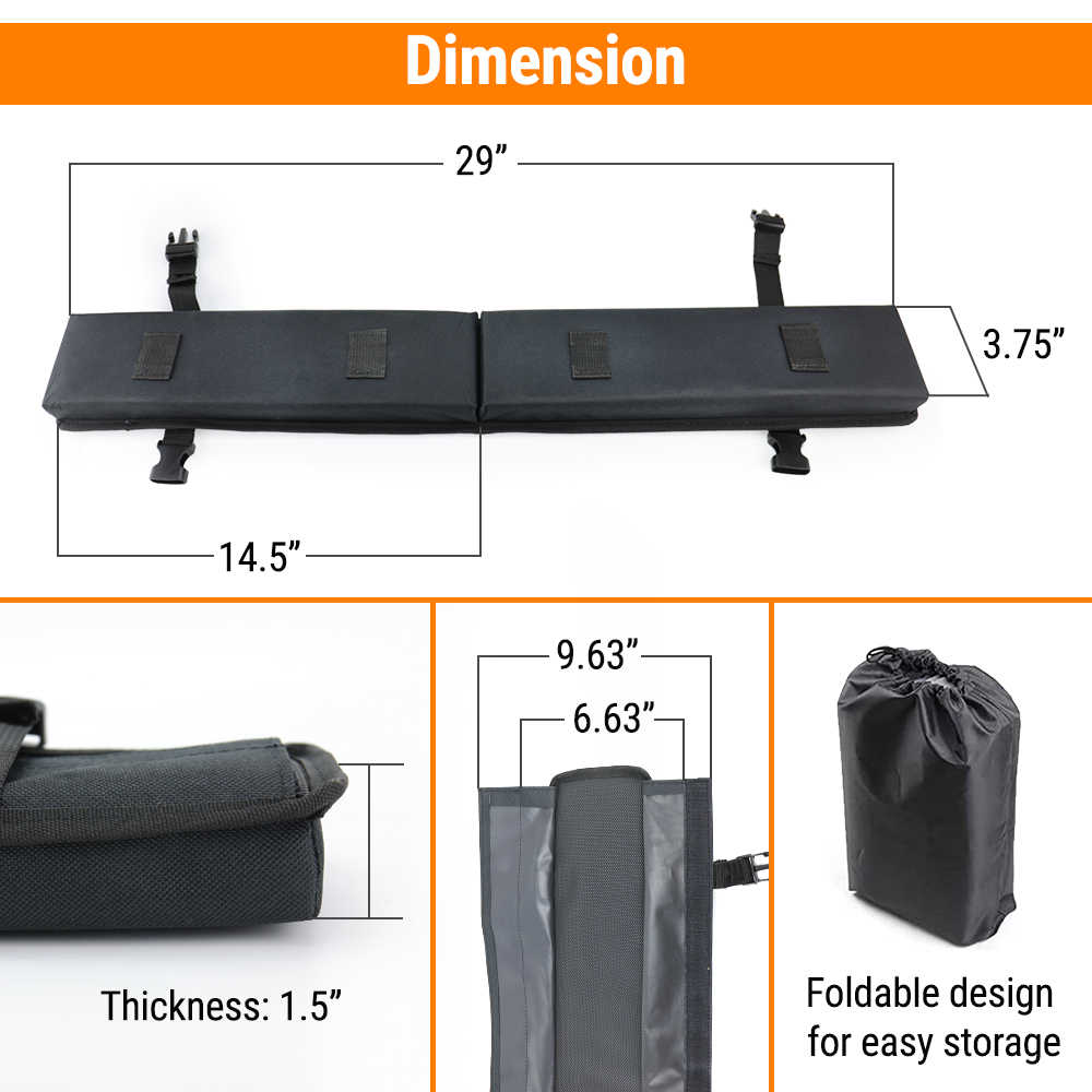 Dimension diagram of a black foldable backrest pad, showing measurements the soft pad.