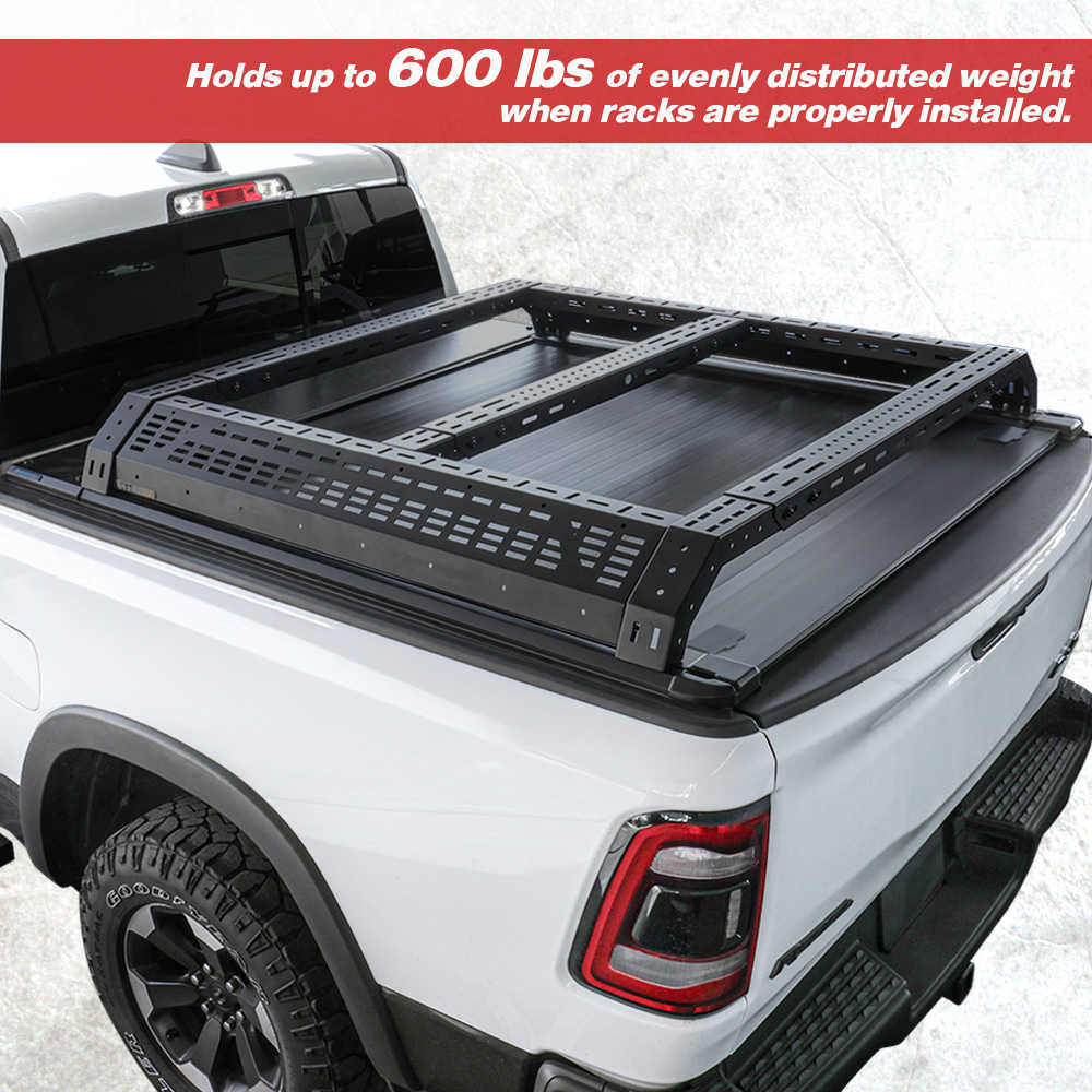 Black truck bed rack on a white truck with text about weight capacity.