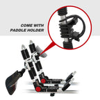 A bicycle saddle with integrated handlebar and footrests, shown on a white background with a circular inset highlighting a black paddle holder attachment and the text 'COME WITH PADDLE HOLDER'.