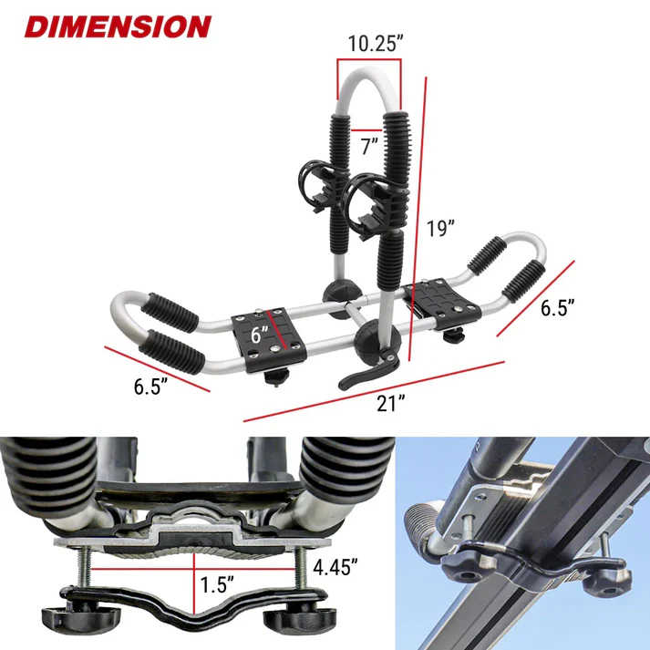 Product dimension diagram for a bicycle rack, showing a white and black metal bike rack with red measurement lines and labels indicating dimensions such as 19 inches, 21 inches, 6.5 inches, and others on a white background.