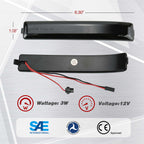 Two black rectangular LED light bars shown from top and side views on a light gray graphic background, with red wiring and small text indicating 6.30 inches x 1.08 inches