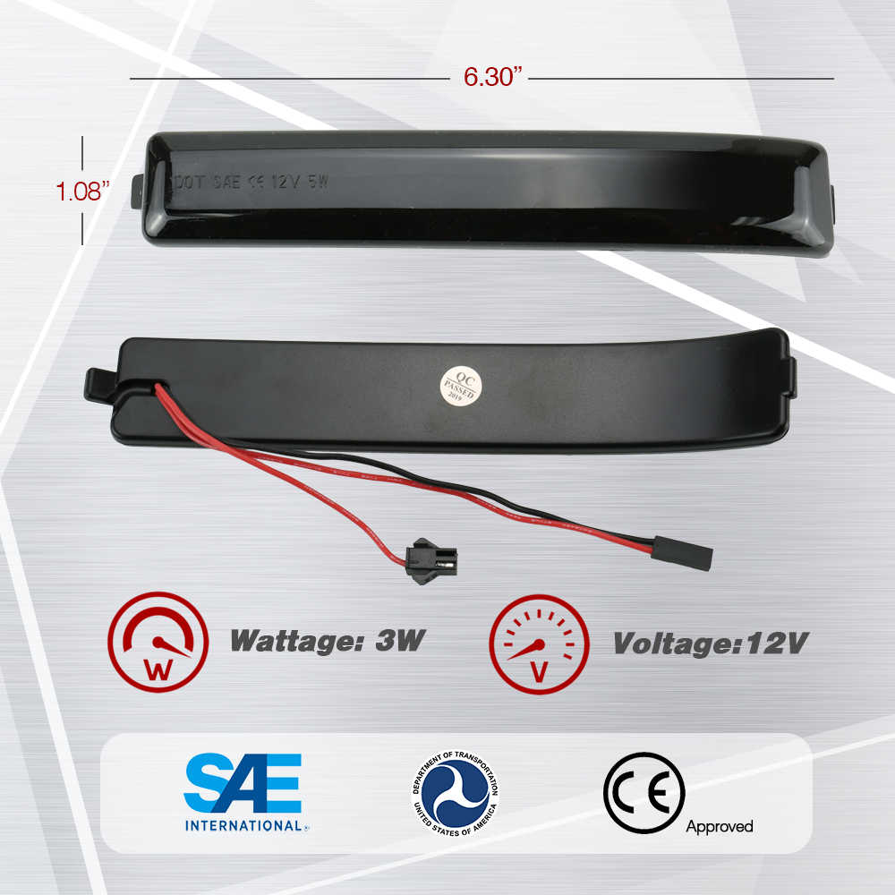 Two black rectangular LED light bars shown from top and side views on a light gray graphic background, with red wiring and small text indicating 6.30 inches x 1.08 inches